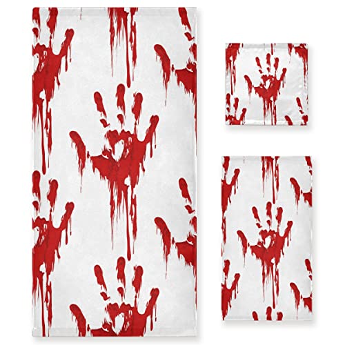 Naanle 3-Piece Towel Set,Bloody Hand Print Pattern Horror Halloween Design Bath Towel Sets, 1 Bath Towel, 1 Hand Towel, 1 Washcloth, Absorbent Soft Towels Quick Drying for Bathroom