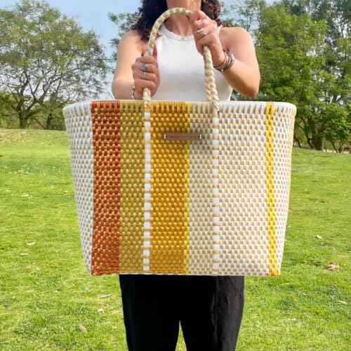 Image of MARIA VICTORIA Handwoven Plastic Mexican Tote Bag Large For Women, Waterproof, Lightweight, Multi-Color Design, Perfect for the Beach, Shopping, and Everyday Use, Cappuccino Large