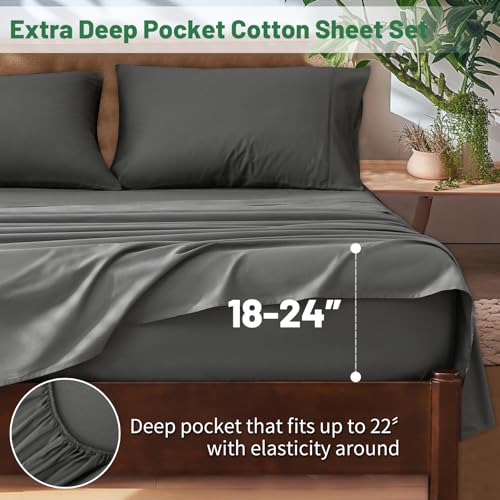 Image of Extra Deep Pocket King Sheets 18-24 Inch 100% Egyptian Cotton 1000 Thread Count Sateen Weave Soft Breathable 4 Pieces(King,Dark Grey)