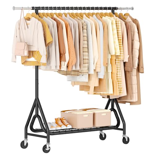Image of Heavy Duty Clothes Rack, Metal Clothing Rack Load 450 LBS, Rolling Coat Racks for Hanging Clothes with Lockable Wheels, Wardrobe Closet Garment Racks for Bedroom, Black