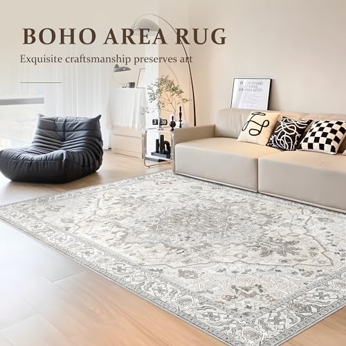 Deerly Vintage Area Rug 5x7 Boho Washable Large Living Room Bedroom Rugs Non Slip Low Pile 5x7 Rug for Kitchen Entryway Bedroom Dining Room Office, Beige/Multi