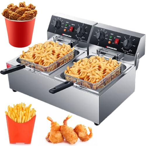 Freidora Comercial, Doble Tanque 3000W+3000W, Freidora Eléctrica de Encimera con Cesta, 2 x 10,5 Qt/10L, Doble Freidora de Aceite de Acero Inoxidable, con Control Individual de Temperatura,220V