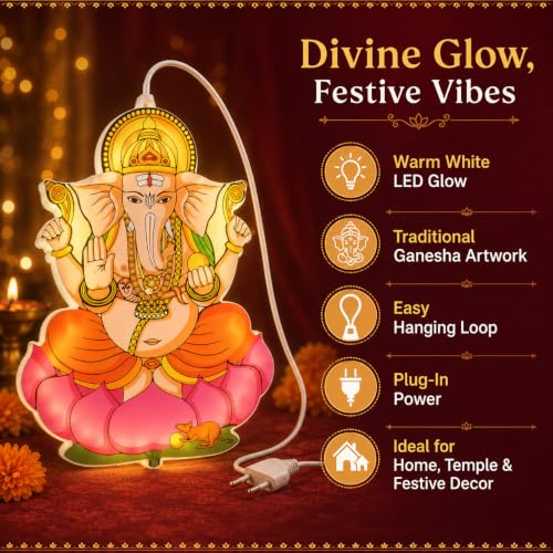Image of One94Store Lord Ganesha LED Hanging Decoration | Colourful Ganpati Wall Hanging Light, Religious Festive Decor for Home, Temple, Door, Office, Diwali, Ganesh Chaturthi & Puja