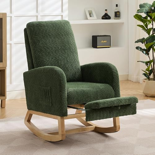 Image of Aoiy & Wifon Rocking Chair Nursery, Modern Nursery Rocking Chairs with Side Pocket & Footrest, Upholstered Rocking Chair Nursery Glider, Boucle, Green