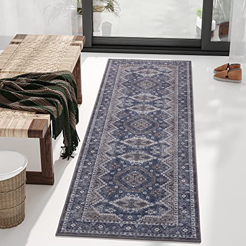 Rugland 2'6x8' Runner - Stain Resistant Entryway Rug, Anti Slip Backing Hallway Runner Rug, Vintage Tribal Area Rugs (TPR07-Navy, 2'6x8')