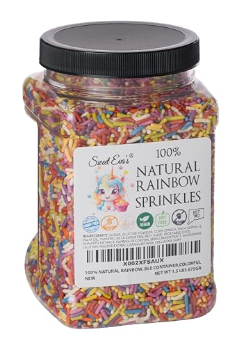 100% Natural Rainbow Sprinkles - Natural Color, Dairy Free, Nut Free, Gluten Free, Soy Free, Vegan, Egg Free And Kosher,1.5 Lbs. Cupcake And Cake Topper,Bulk Candy, Resealable Container,Colorful