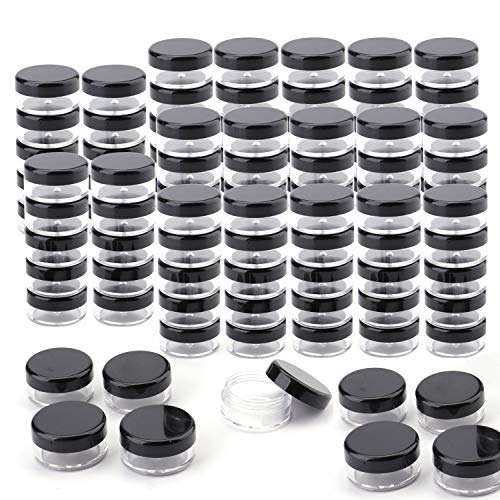 Bekith 108 set Clear Empty 5 Gram/5ML Plastic Pot Jars, BPA Free Cosmetic Sample Empty Container, Black Screw Cap Lid, for Make Up, Eye Shadow, Nails, Powder, Paint, Jewelry