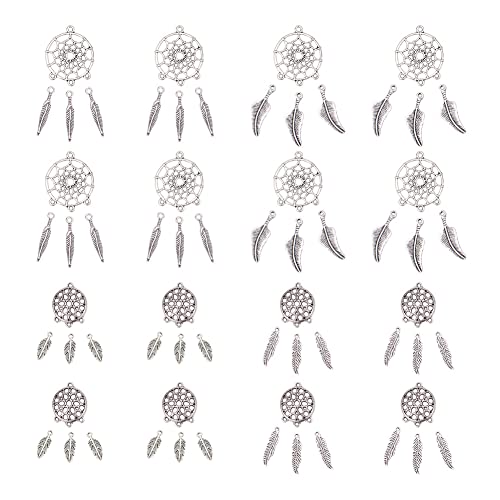 PandaHall Elite - 120pcs 6 Styles Pendentifs de Attrape-Rêves Dreamcatcher Collier Pendentifs avec Plume Connecteurs Chandeliers Pendentifs pour la Fabrication de Bijoux de Bricolage,Argent Antique