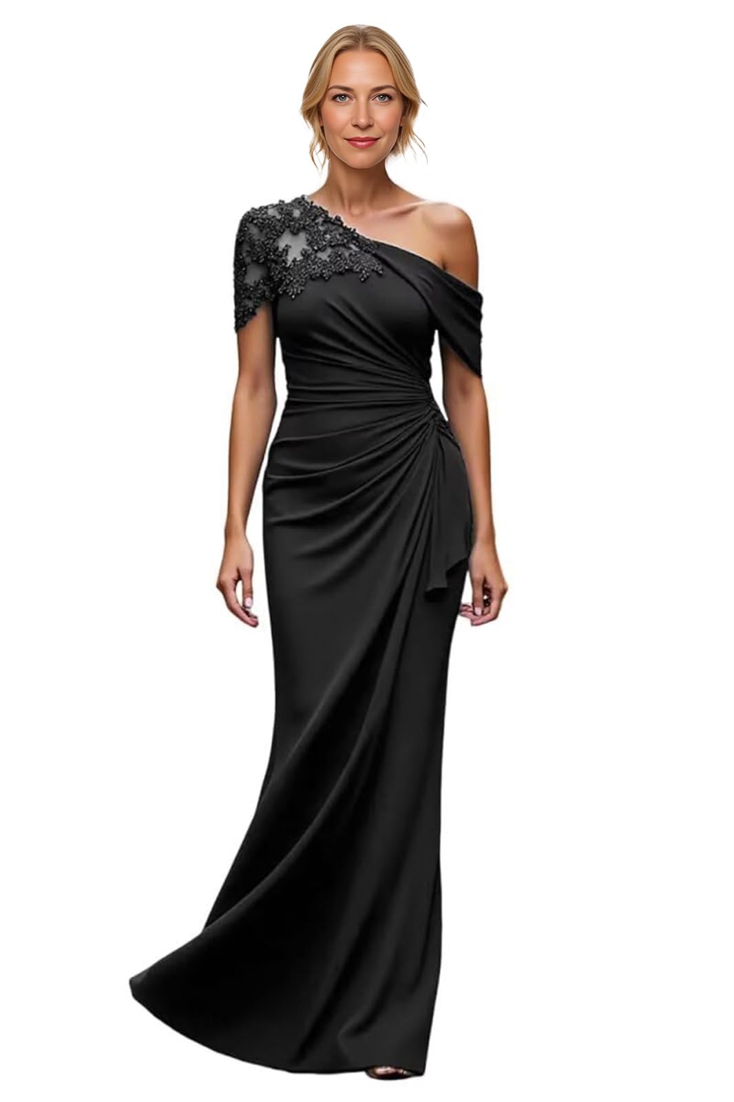 Ontoefy One Shoulder Mother of The Bride Dresses for Wedding - Lace Applique Chiffon Mermaid Wedding Guest Dress