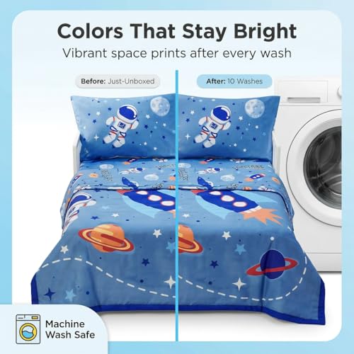 Image of EVERYDAY KIDS 4 Piece Toddler Bedding Set - Outer Space Adventures - Includes Comforter, Flat Sheet, Fitted Sheet and Reversible Pillowcase