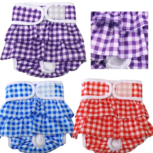 Image of JoyDaog (3 Pack) Small Dog Diapers Dress for Female Reusable Premium Grid Puppy Nappies Skirt for Period Heat Incontinence S