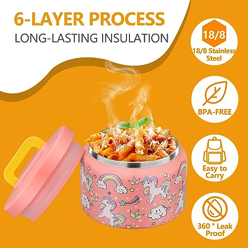 Image of PIQUEBAR 8oz Kids Thermo for Hot Food,Small Lunch Thermo Food Container Stainless Steel,Easy Open Wide Mouth Thermo for Hot Cold Food for Preschool Travel (Pink Unicorns)
