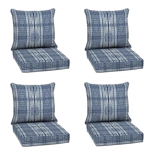 Image of Arden Outdoor Deep Seat Cushion Set (4-Pack), 24 in x 24 in, Weather-Proof, Rain-Proof, Fade Resistant Patio Cushion for Chair, Sofa, and Couch Blue Shibori Stripe