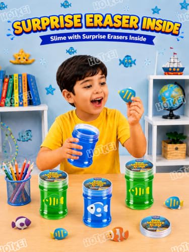 Image of HOTKEI Sea Wonder Slime for Kids 3 to 10 Years Stretchable Slime with Surprise Fish Eraser Inside Soft Non-Sticky DIY Slimy Fun Toy Birthday & Return Gift for Kids Girls & Boys Pack of 4