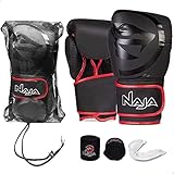 Luva de Boxe e Muay Thai Naja Black Line + Bandagem + Protetor Bucal + Bolsa (16oz, Red)