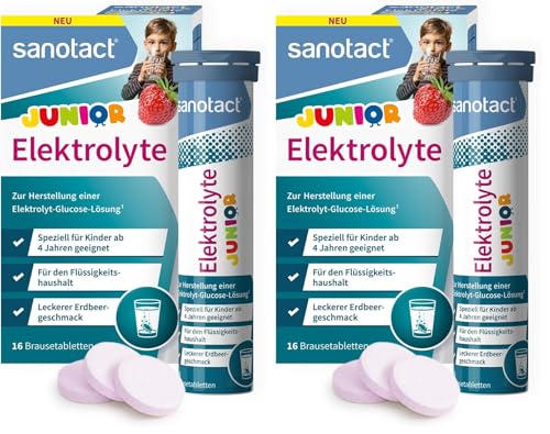 sanotact Elektrolyte Junior (16 Brausetabletten) • Elektrolyte für Kinder bei Durchfall, bei Hitze, auf Reisen • Zur Unterstützung des Flüssigkeitshaushalts • Erdbeer-Geschmack (Packung mit 2)