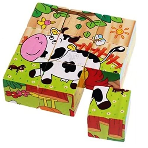 Trinkets & More – 3D Jigsaw Puzzle Wooden Cube Block 6 Face 9 Pieces with Storage Tray Kids 3+ Years (Farm Animals)