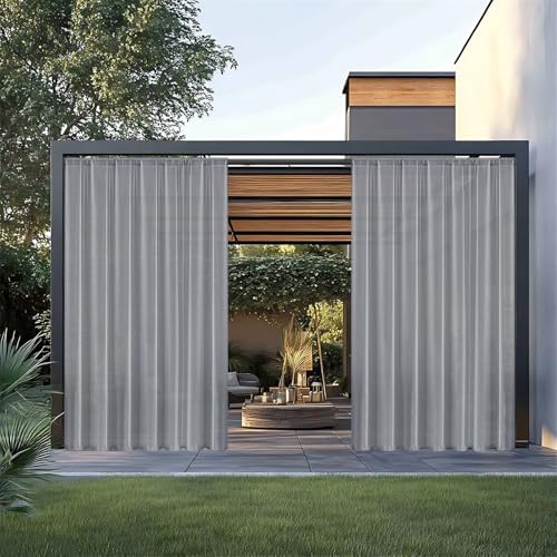 Wokuaile Outdoor Sheer Curtain for Patio Waterproof, 2 Panels Grey Semi-Sheer Privacy Drape Voile Curtain Rod Pocket for Living Room, Gazebo, Porch, Balcony, 52W x 108L