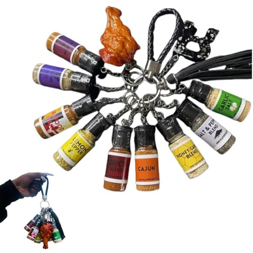 Mini llaves de sabor: juego de llaves de condimento, 10 mini botellas de vidrio portátiles, diseño a prueba de fugas, encantos de botellas de especias realistas, para amantes de la comida