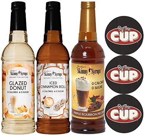 Jordan's Syrups Sugar Free Dessert Trio, Glazed Donut, Cinnamon Roll, And Maple Bourbon Pecan 750 Ml (Pack Of 3) With By The Cup Coasters #TOP1