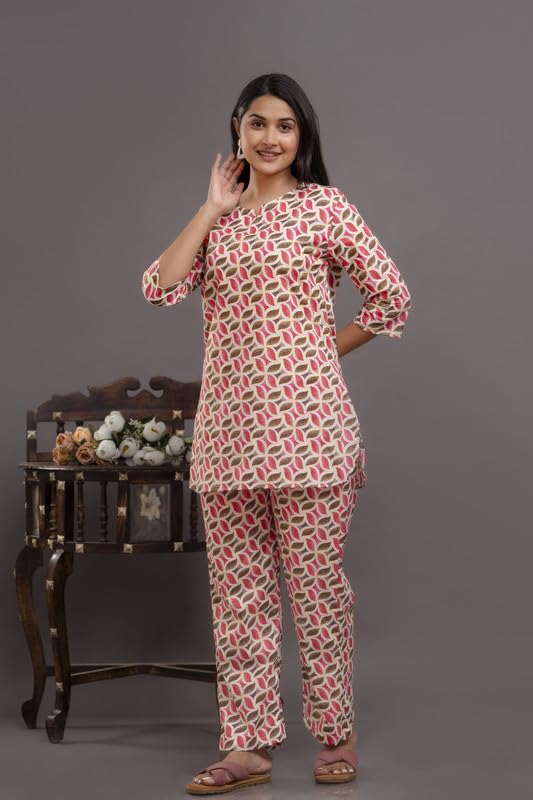 Image of Pure Cotton Printed Night Suit Top and Pyjama Set for Women's Night Dress of Shirt & Pyjama Set for Womens