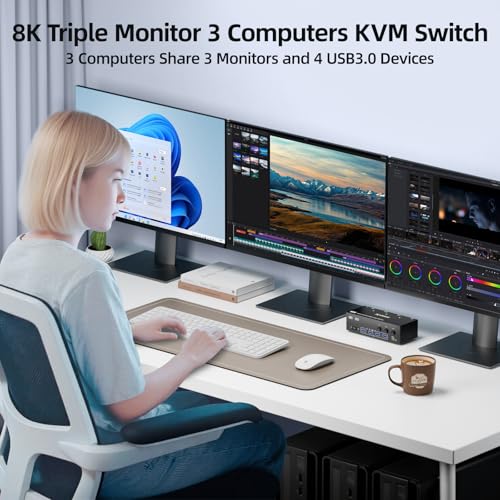 Image of HDMI+2Displayport 3PC KVM Switch 3 Monitors 3 Computers 8K@60Hz 4K@144Hz,Triple Monitor KVM Switches with 4 USB3.0 Port for USB Devices,Wired Remote,Power Adapter and USB Cables Included.