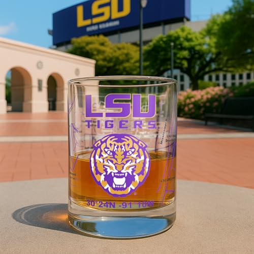 Image of Greenline Goods - University of LSU Tigers College Whiskey Glasses (Set of 2), 10 oz - Full-Color Logo + Campus Map