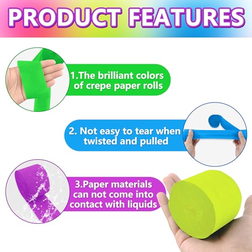 Image of Neon Crepe Paper Streamers, 2.2 inch x 123 Ft Per Roll Glow in The Dark Streamers 6 Rolls for Rainbow Birthday Party Wedding Decorations UV Blacklight Reactive Fluorescent Party Supplies