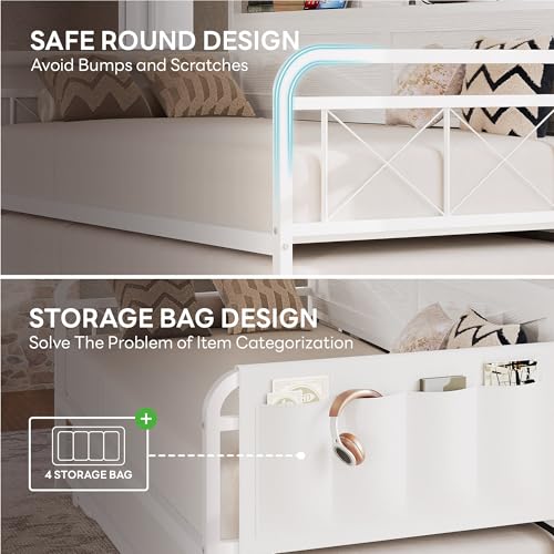 Image of LIKIMIO Twin Daybed with Pop Up Trundle & Charging Station & Storage Shelf | Pop Up Trundle with Smooth Wheels, Strong Supports for Apartment and Small Space, White