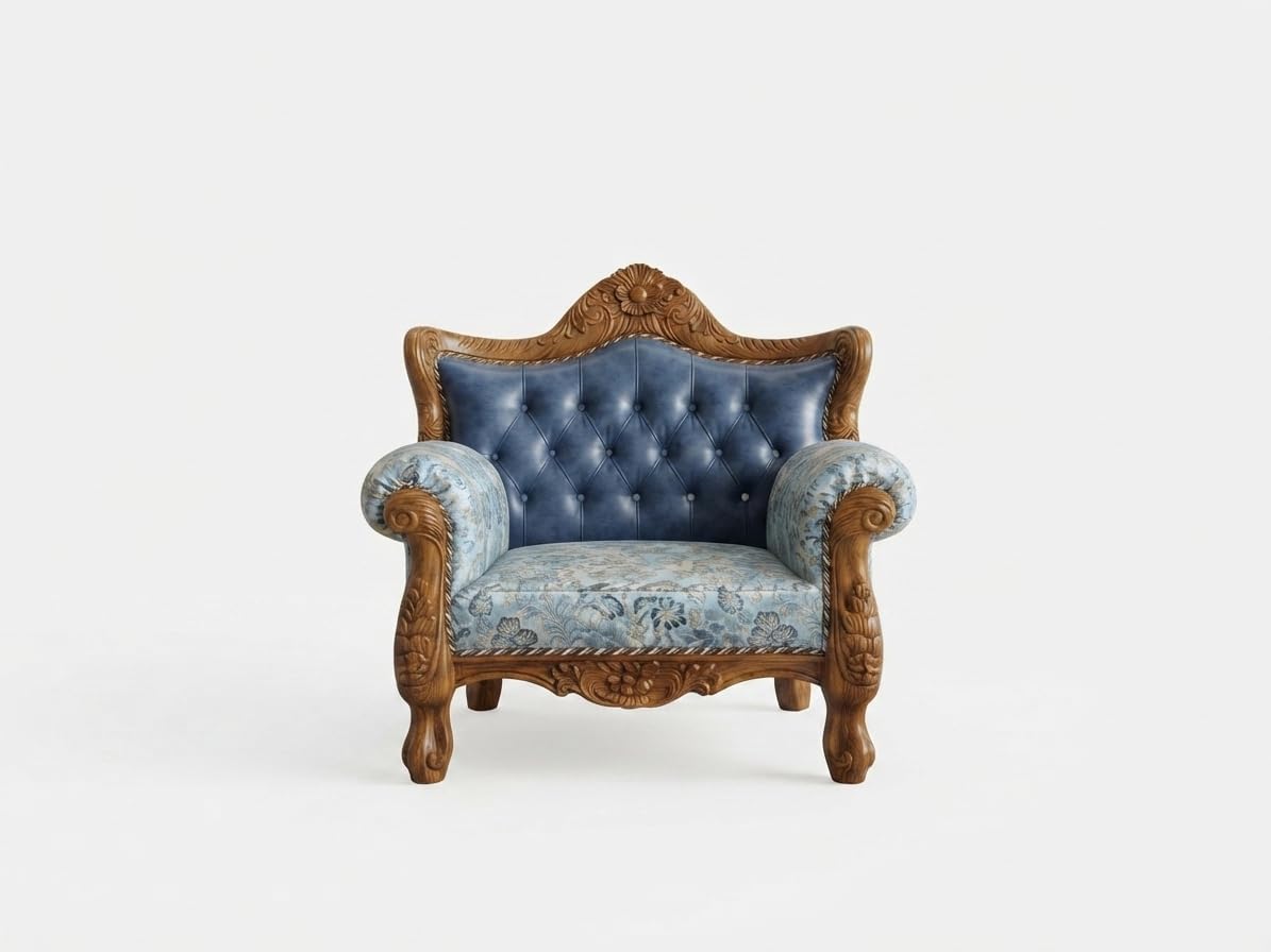 Carved Wooden Sofa Set with Blue Floral Upholstery & Button-Tufted Backrest | Luxury Classic Home & Living Room Sofa, 3+1+1 Seater, 1 Seater-image-26