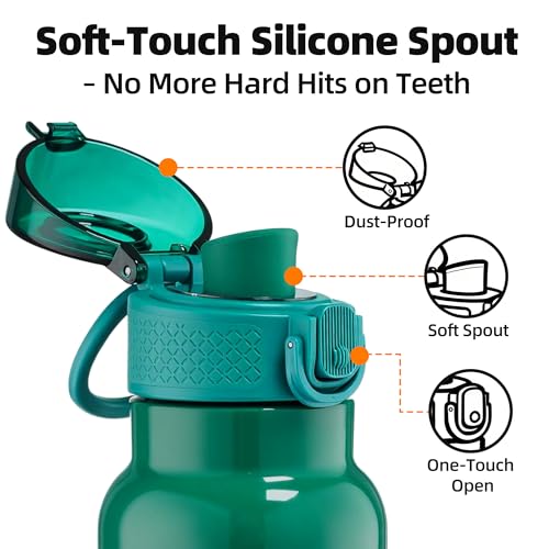 Image of Fanhaw 24 oz Insulated Water Bottle with Soft Silicone Spout Lid, Leakproof Stainless Steel Vacuum Bottle for School, Sports& Daily Use, Kids, Teens& Adults, Back to School Essentials (Mars Green)