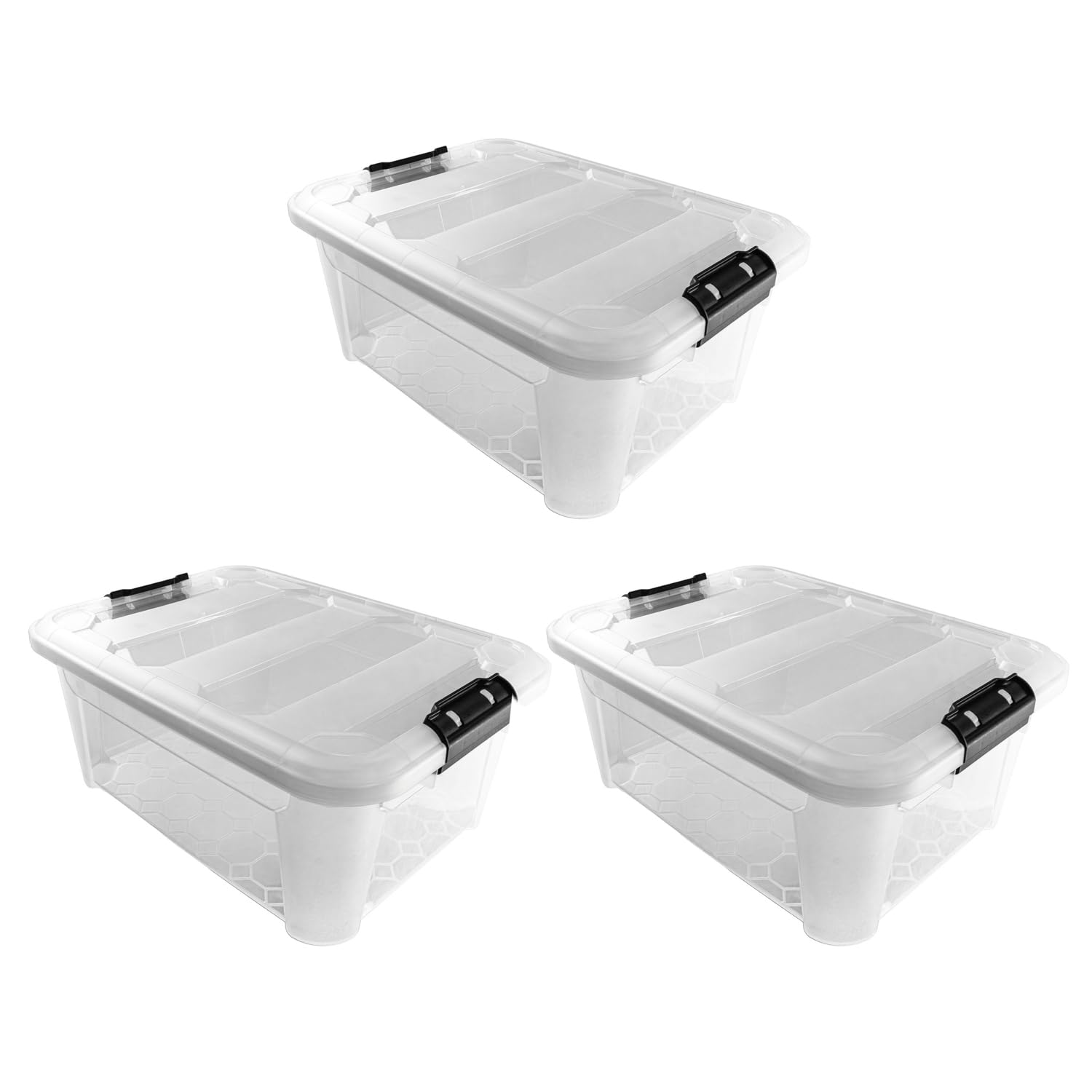 JVL Plastic Secure Clip Lidded Storage Box, Stackable & Nestable, Clear, Set of 3, 25L