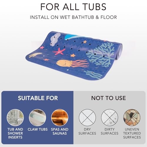 Image of PRATIQUE Kids Bath Mat for Tub Non Slip，40 X 16 Inch Extra Long Kids Bathtub Mat Ocean Bathtub Shower Mat Safety Anti Slip with Suction Cups and Drain Holes, Machine Washable(Dark Bule Whale)