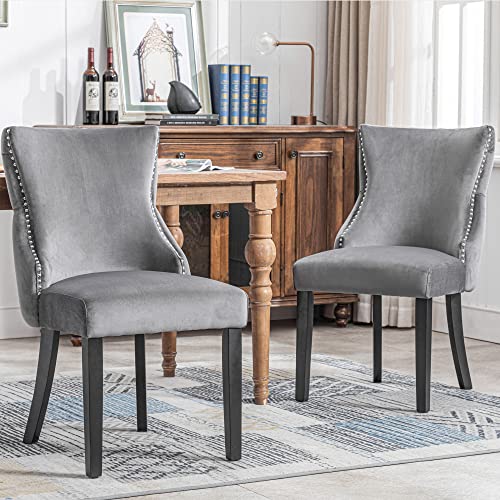 Sillas de comedor de terciopelo gris con acolchado de botones, estructura de madera maciza, gris, juego de 2 unidades