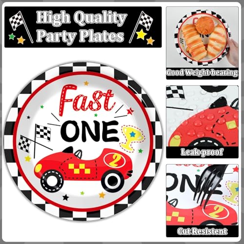 Image of Fast One Birthday Decorations for Boys Racing Car 1st Birthday Party Supplies Fast One Plates Napkins Forks Checked Race Car Disposable Paper Plates Tableware Set for Kids Favors Serve 25