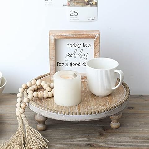 SwallowLiving Rustic Round Wood Tray Riser Farmhouse Pedestal Stand with Beaded Edge for Decor Wooden Finish Cupcake Display for Cakes and Decorative Items 11.8 inches Cover