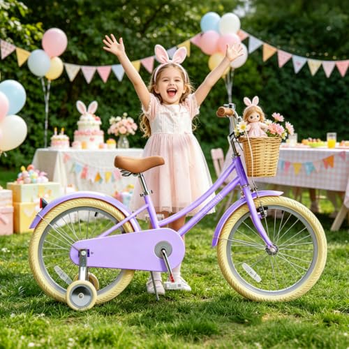Image of Glaf 12 14 16 18 20 24 Inch Girls Bike with Training Wheels /Kickstand Kids Bike for 2-15 Years Old Toddler Girls Bicycle with Basket, Beach Cruiser Girls Bike