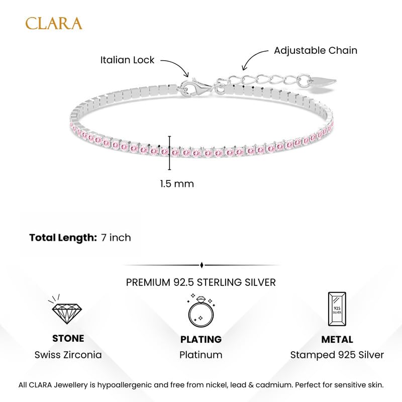 Image of Clara 925 Sterling Silver Slim Tennis 2mm Bracelet Gift for Women Girls | Multiple Color Options | Size Adjustable | Platinum Plated | Swiss Zirconia