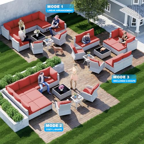 Image of 12-Piece Patio Furniture Set, Outdoor Patio Furniture with Swivel Chairs Set, Ottomans, Modular Patio Sofa, Dual-Strand Wicker Rattan, Rust-Resistant Frame, Red