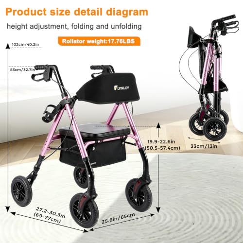Image of Foldable Rollator Walkers for Seniors with Seat,4 Wheel Rolling Walker | 300lb|8 inch All-Terrain Wheels|Adjustable Height|Anti-tip brakes|padded seat|Tool-Free Assembly| for Adults & Mobility Impaired