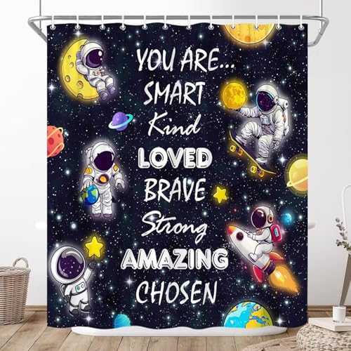 JONSEQIN Astronaut Shower Curtain Cartoon Galaxy Rocket Funny Cute Boy Outer Space Adventurer Hero Outer Space Planet Rocket Inspirational Quotation Polyester Fabric Bath Decor with Hooks