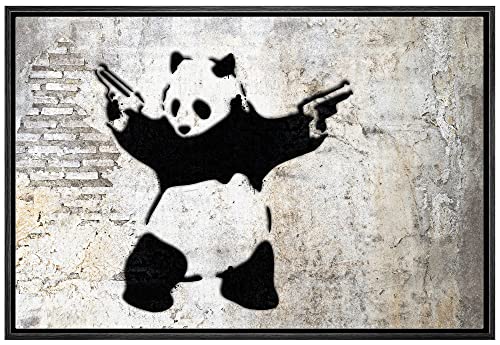 wall26 Framed Canvas Print Wall Art Banksy Panda with Handguns on Wall Cities Animals Digital Art Modern Art Chic Scenic Dark Black and White for Living Room, Bedroom, Office - 16'x24' Black