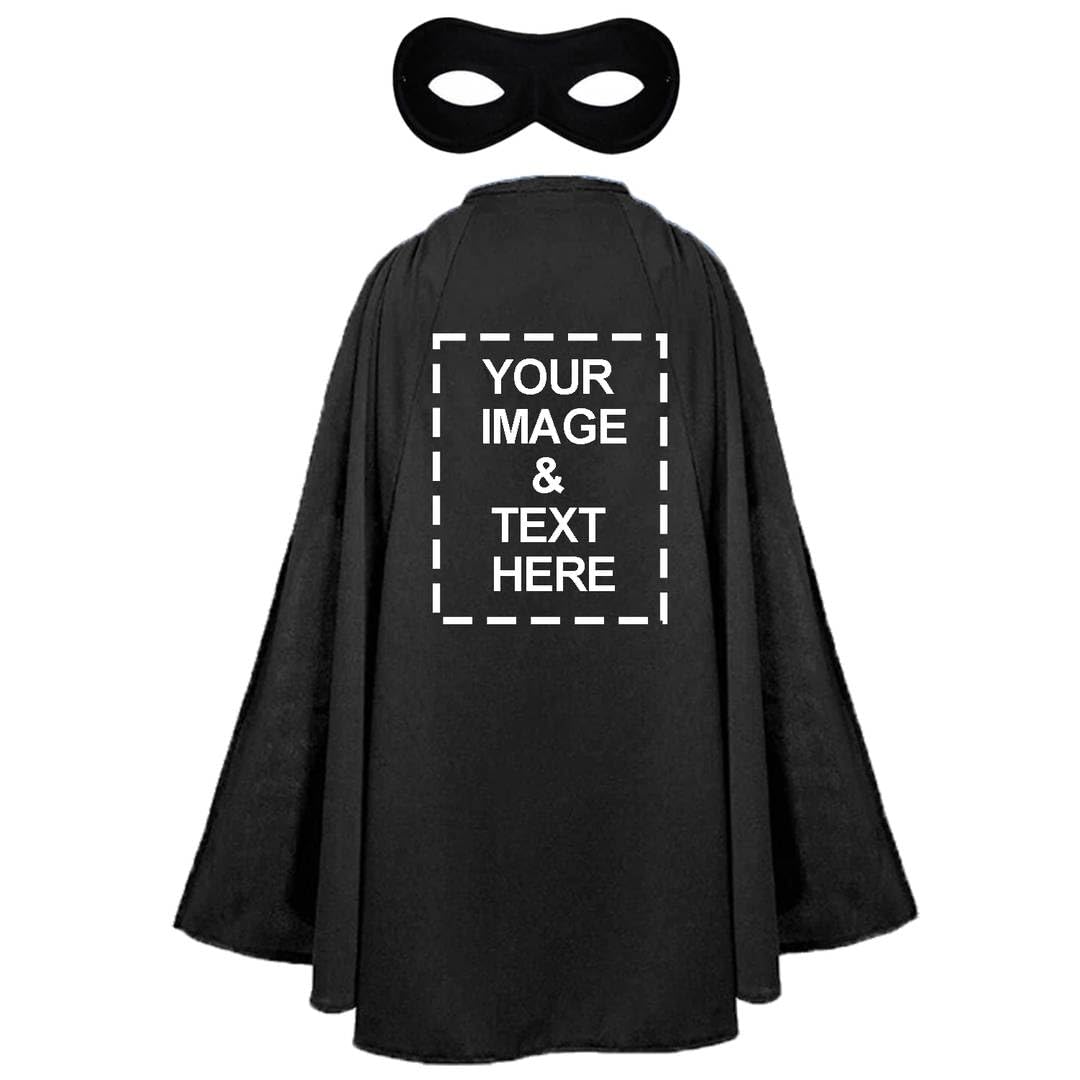 Adults Personalised Superhero Costume - Pack of 1 - Long Black Cape with Your Design on the Back, Matching Eyemask - Mens Stag Party Charity Upload Your Own Design Customised Fancy Dress Outfit