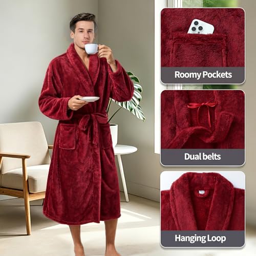 Image of Inner Wish Mens Plush Fleece Robe, Highly Absorbent Cozy Warm Bathrobe Fuzzy Male Spa Long Robe With Pockets