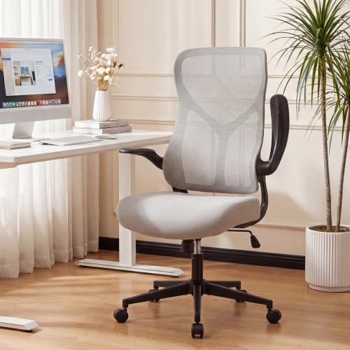 Image of DUMOS Home Office Desk Chair - Ergonomic High Back Mesh Computer Task Chair with Comfy Flip-up Armrests, Swivel Adjustable Height with Wheels, Comfortable Lumbar Support, for Adults, Gery