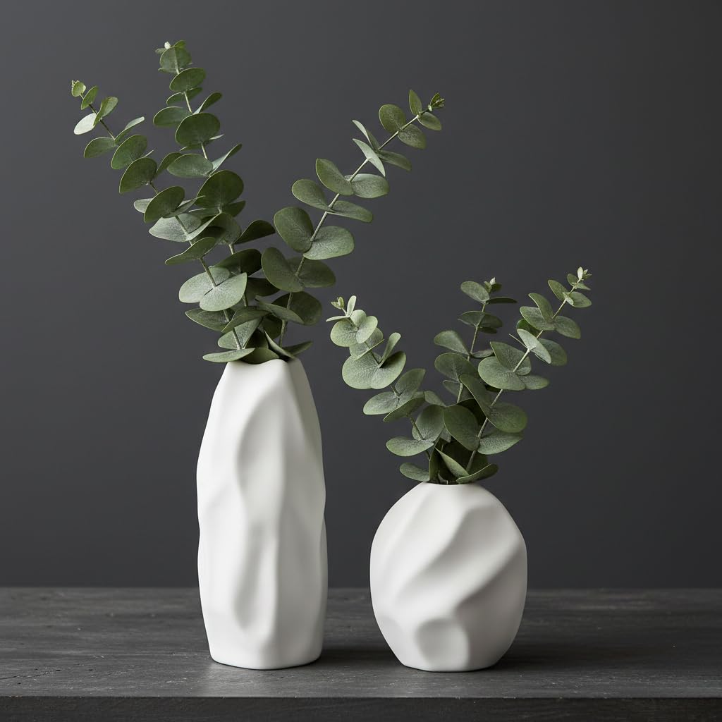 PUREZENTO 'Mudstone' White Ceramic Vase - Set of 2 | Centerpiece & Showpiece Vases for Home Decor, Bedroom, Bookshelf & Tabletop Styling | Decorative Vase for Pampas Grass, Dried & Artificial Flowers-picture-35
