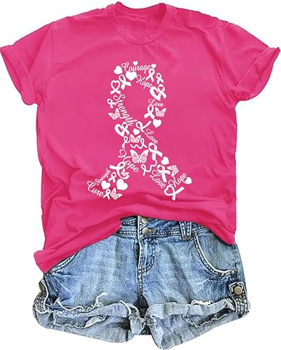 Breast Cancer Shirts for Women Pink Ribbon Breast Cancer Support Tshirts Cancer Awareness Tee Tops