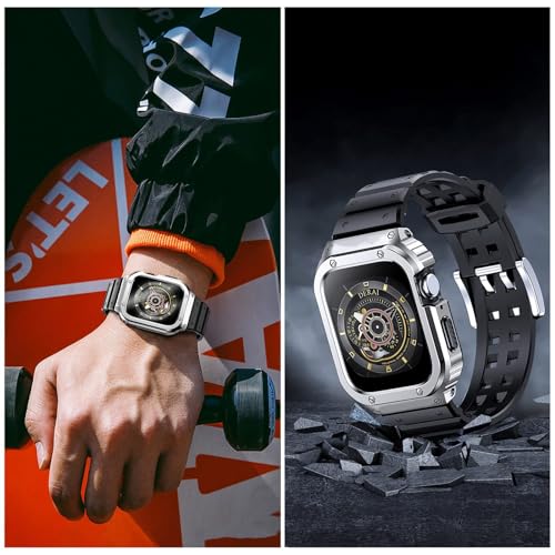 SUPLINK Stainless Steel Case and Band Compatible with Apple Watch 45mm Bands for Men, Rugged Protective Metal Apple Watch Case Cover and TPU Band for iWatch Apple Watch Series 9 8 7(Silver)