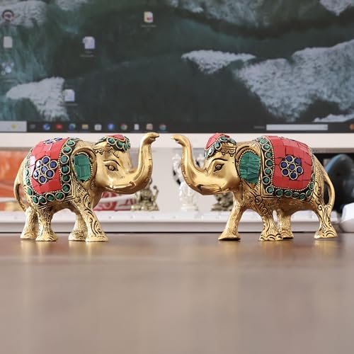 Image of KridayKraft Metal Elephant with Stone Work Showpiece for Home /Office & Table Decor (Set of 2 Pieces, Multicolor, Small)