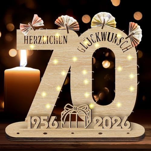 Idota 2026 70° compleanno donna targa decorativa in legno con libro degli ospiti a LED, 70° compleanno, regalo di compleanno per uomini e donne, decorazione per 70° compleanno, decorazione per uomo